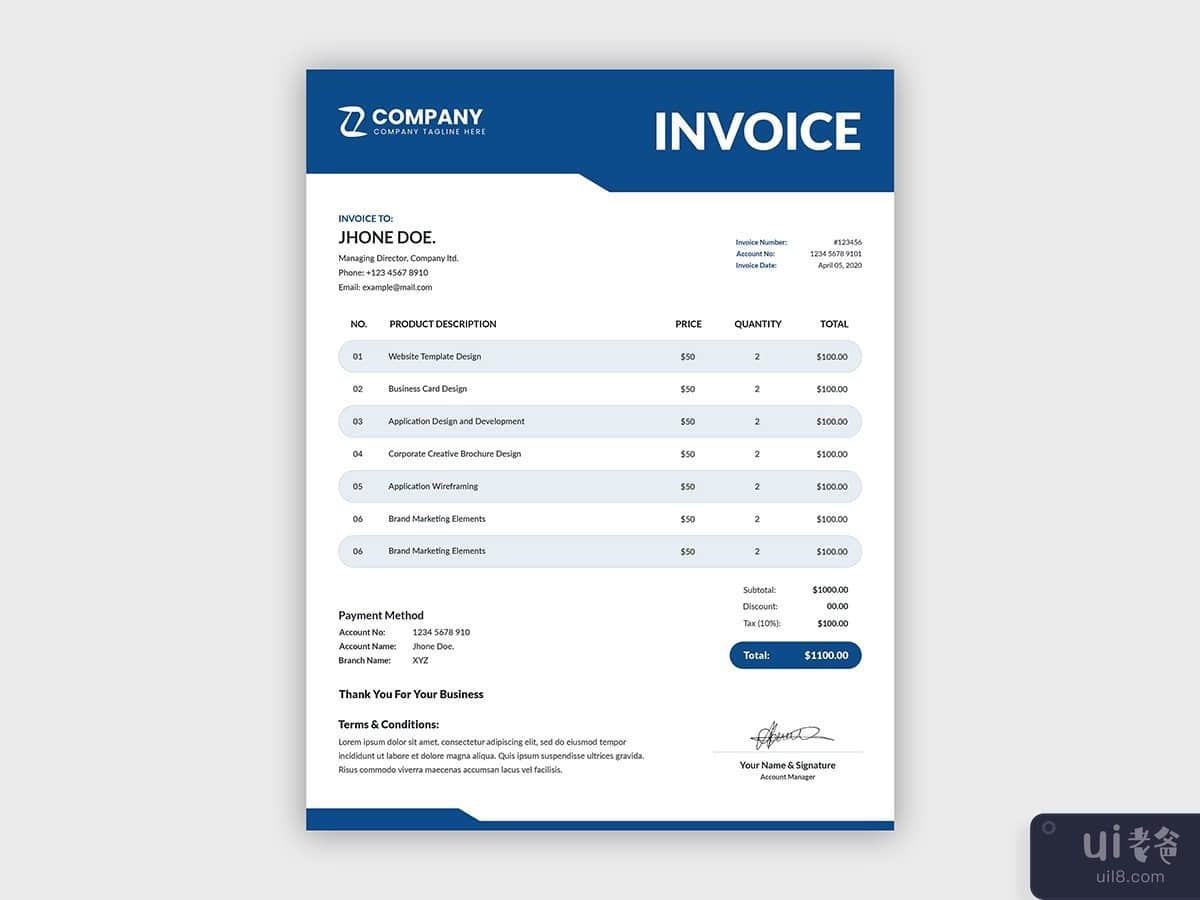 最小的公司发票模板设计(Minimal corporate invoice template design)插图