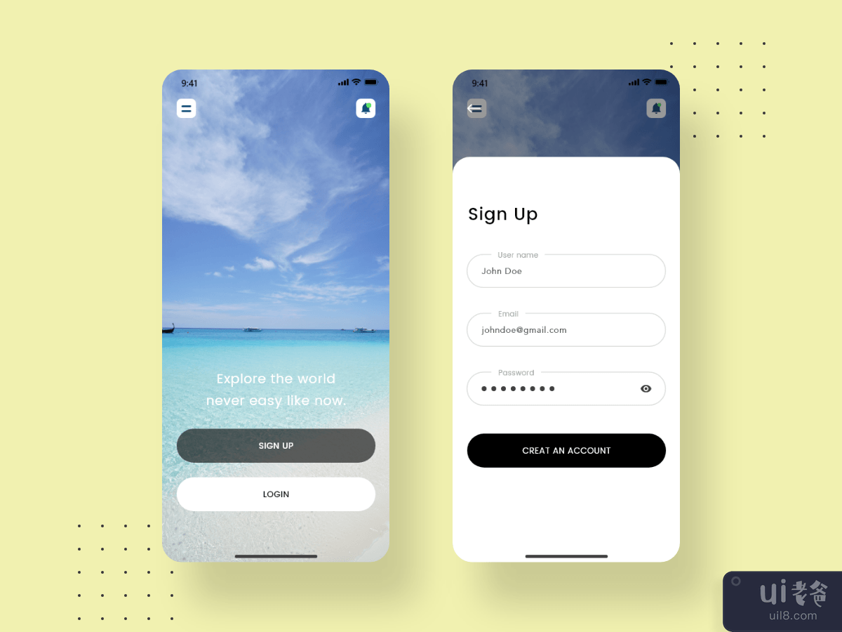 Welcome and Sign Up screens concept design for Travel app
