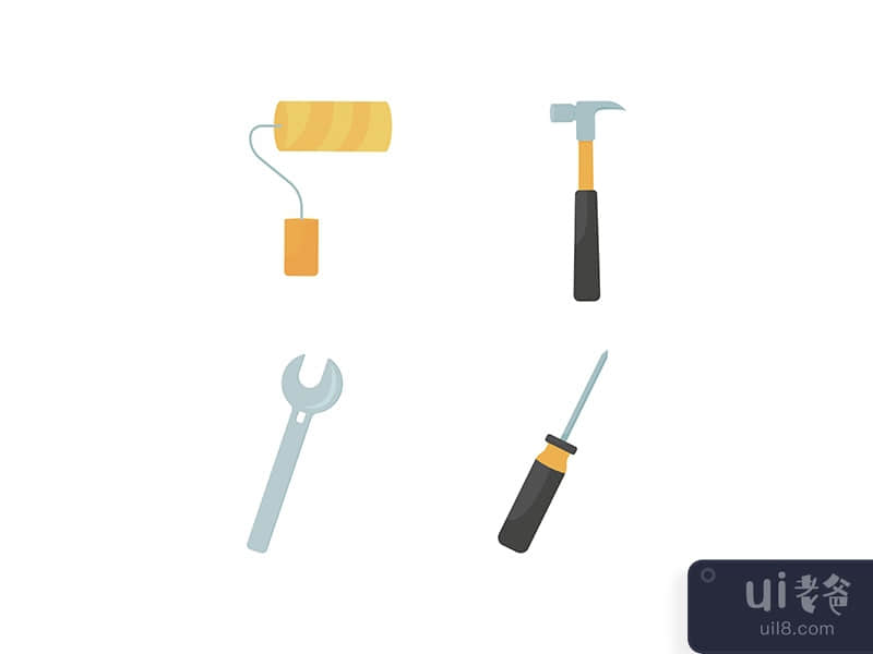 Home repairing tools flat color vector object set