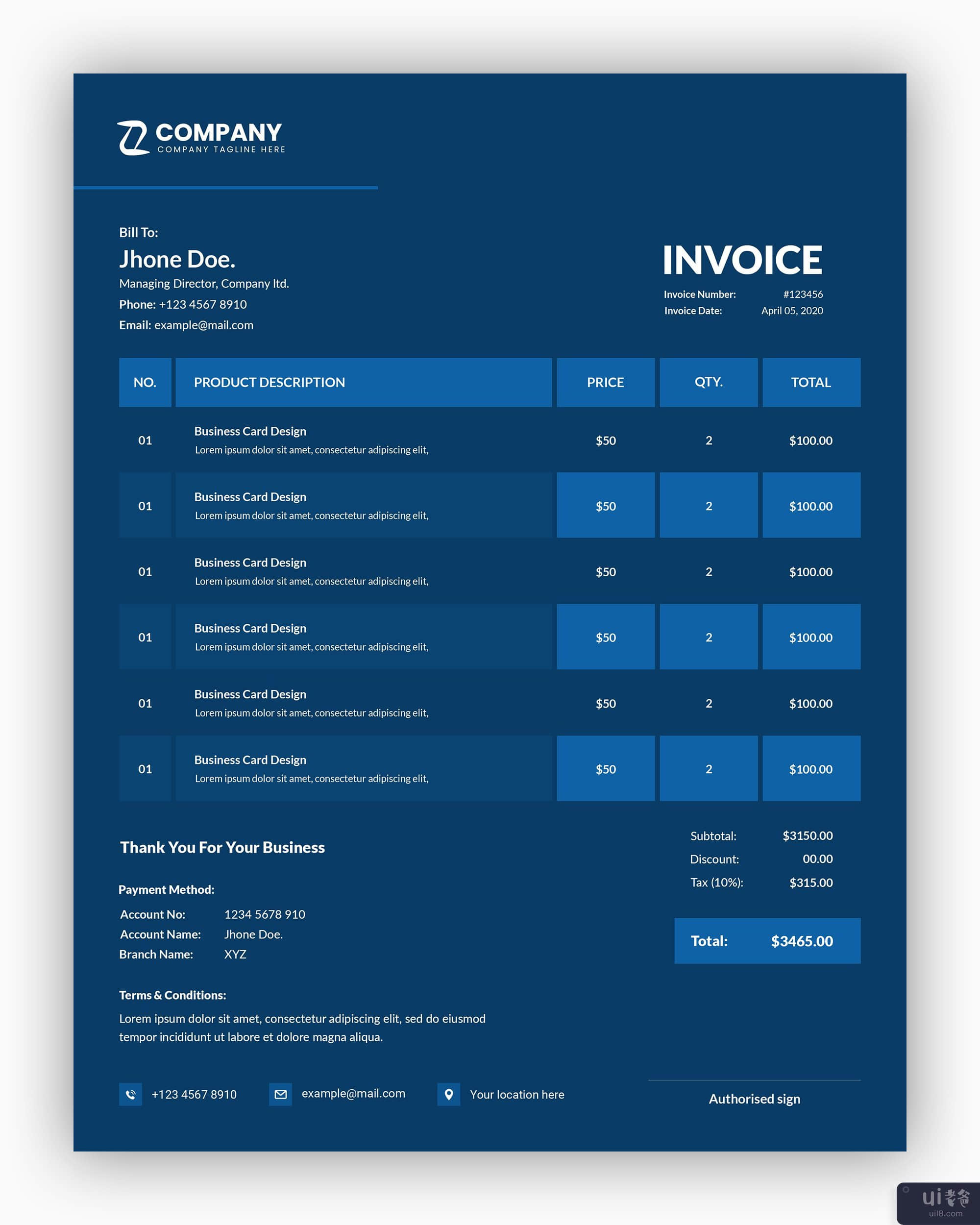 具有蓝色业务发票模板设计的最小专业深色(Minimal professional dark with blue business invoice template design)插图