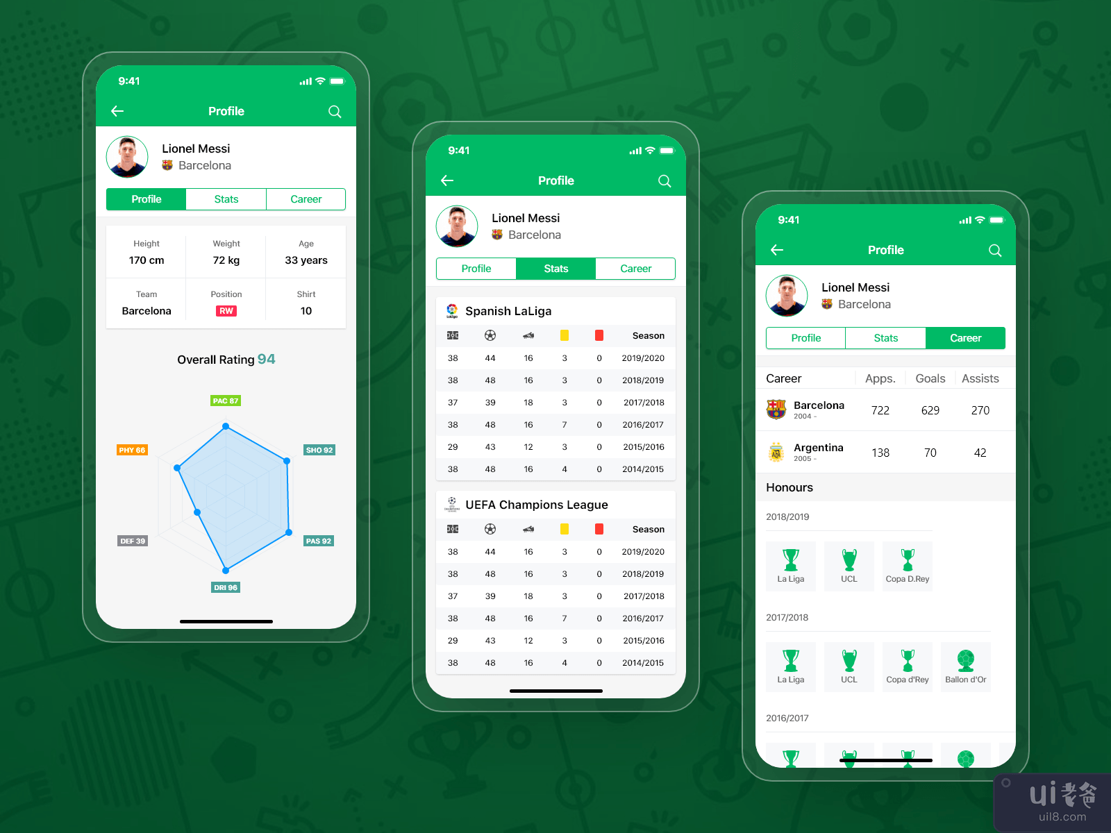 足球足球运动员简介应用程序设计理念(Football Soccer player profile app design concept)插图