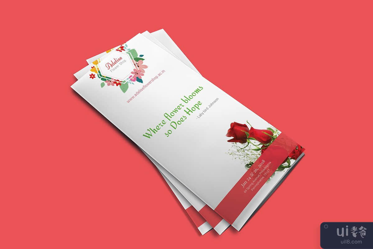 鲜花花束店-双折宣传册模板(Flower Bouquet Shop - Bifold Brochure Template)插图