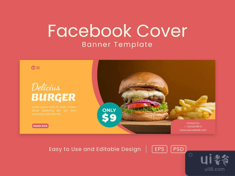 Delicious Burger facebook cover page and web banner design template