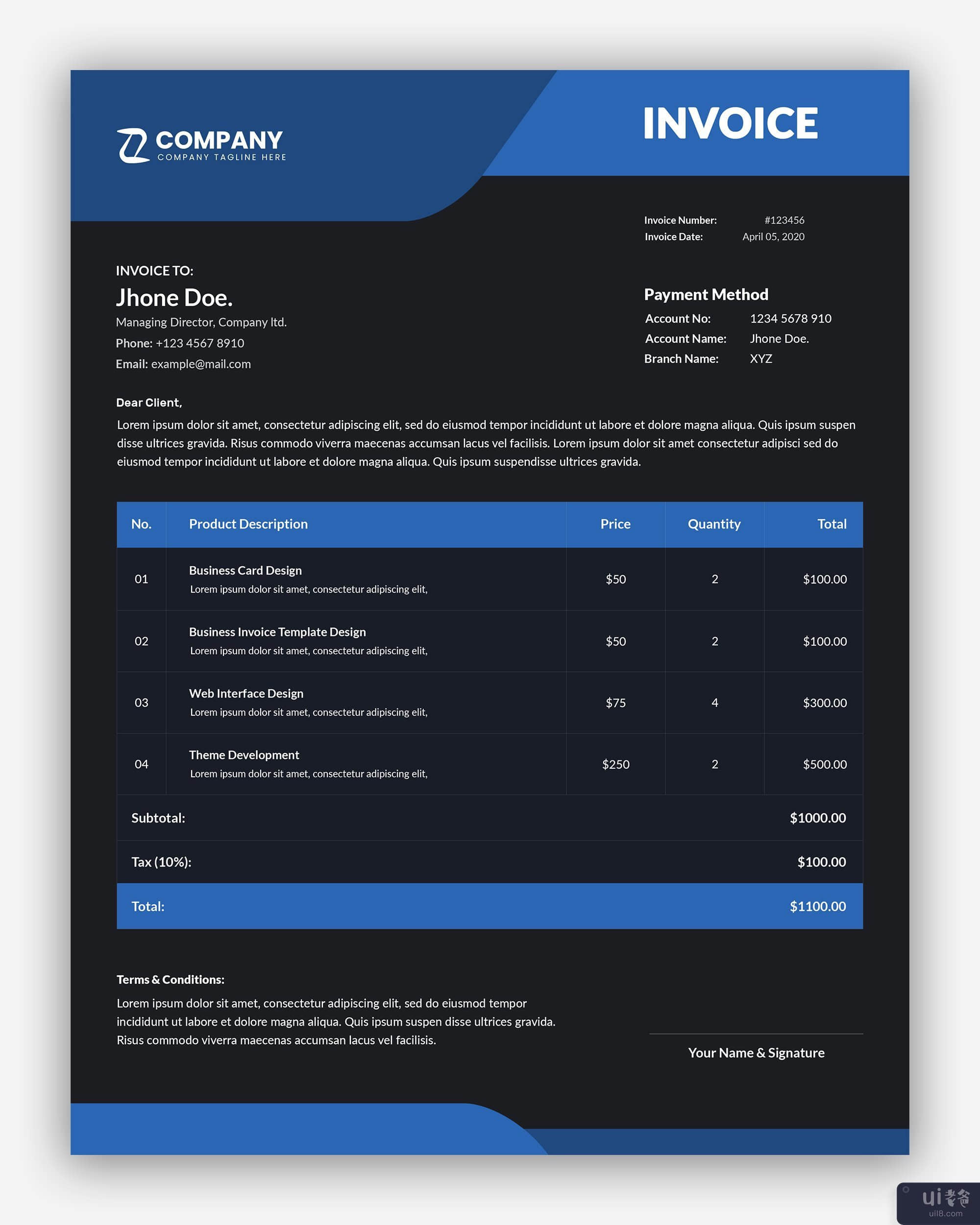 深蓝色抽象业务发票模板(Dark blue abstract business invoice template)插图