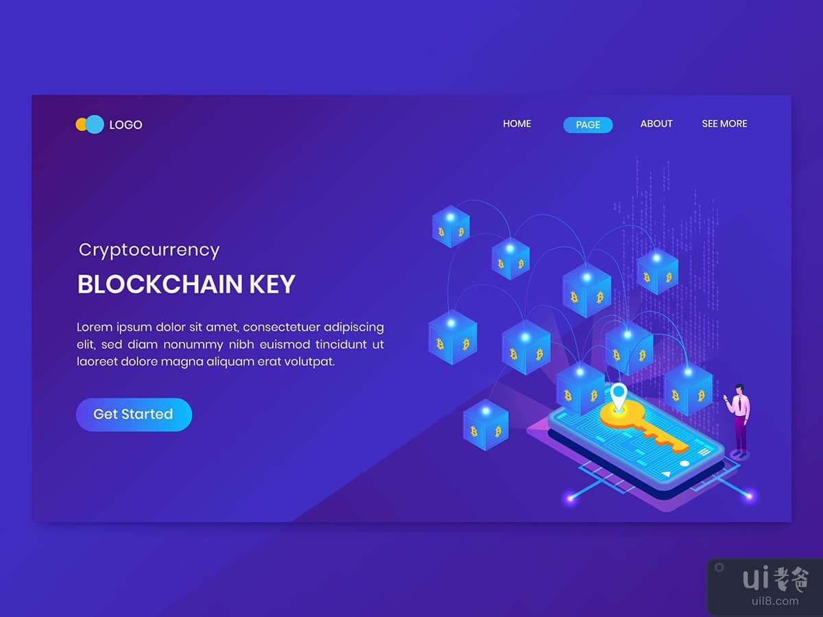 Isometric Bitcoin Blockchain Key Landing Page