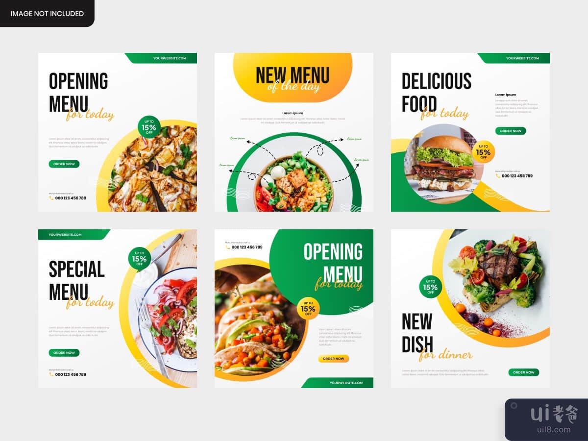Set of food social media post feed template for restaurant or caffee