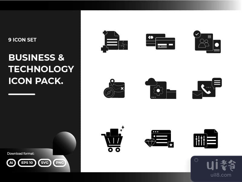 9 Business and technology black glyph solid icon set