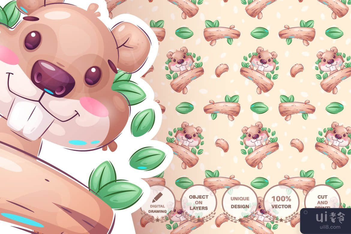可爱的海狸与日志-无缝模式(Cute beaver with log - seamless pattern)插图