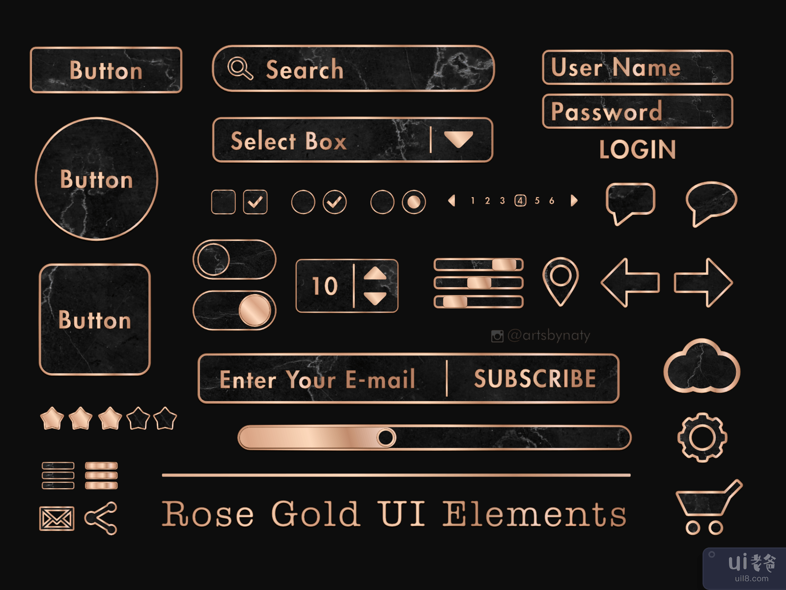 Rose Gold and Dark UI Elements