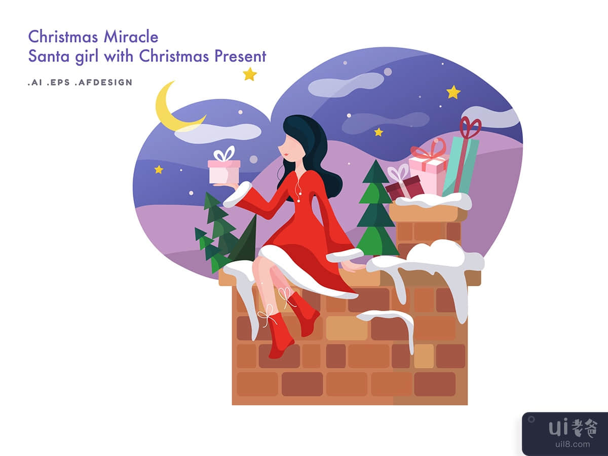 Christmas Miracle - Santa girl with Christmas present Vector Illustration