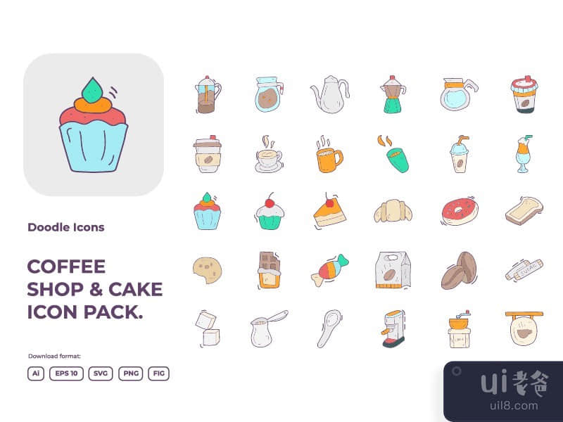 30 Coffee shop and cake concept doodle icon set