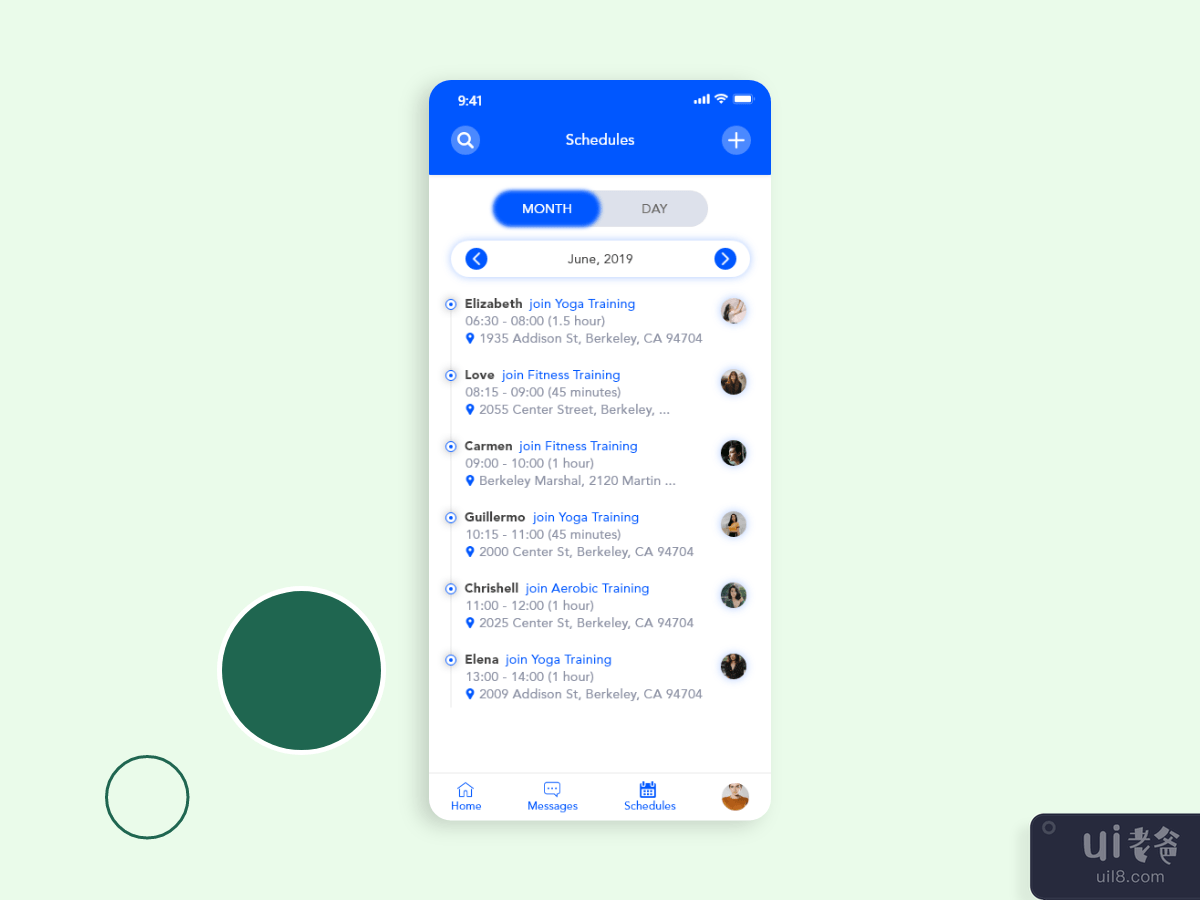 Booking Schedule screen concept for Fitness app