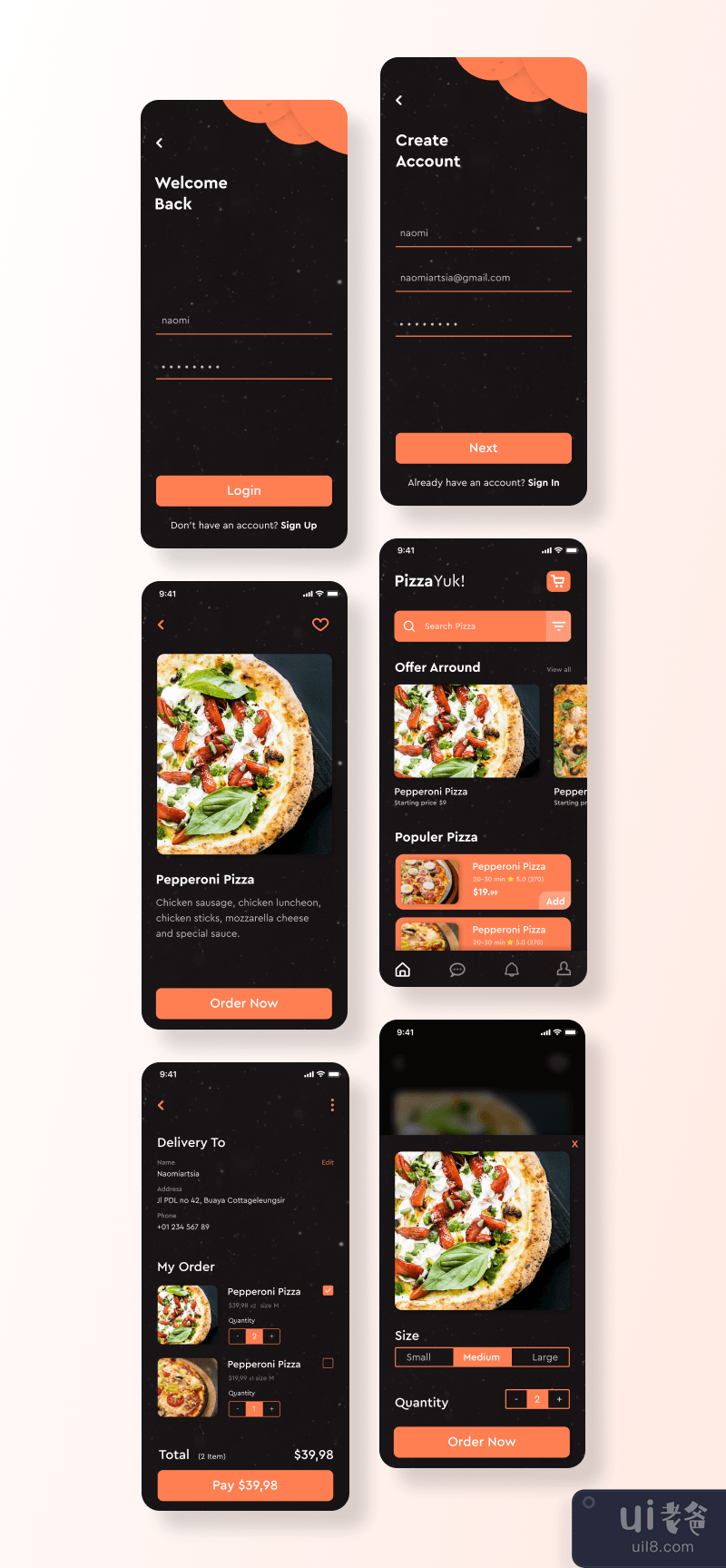 食品订购应用程序黑白(Food Ordering App Black And White)插图