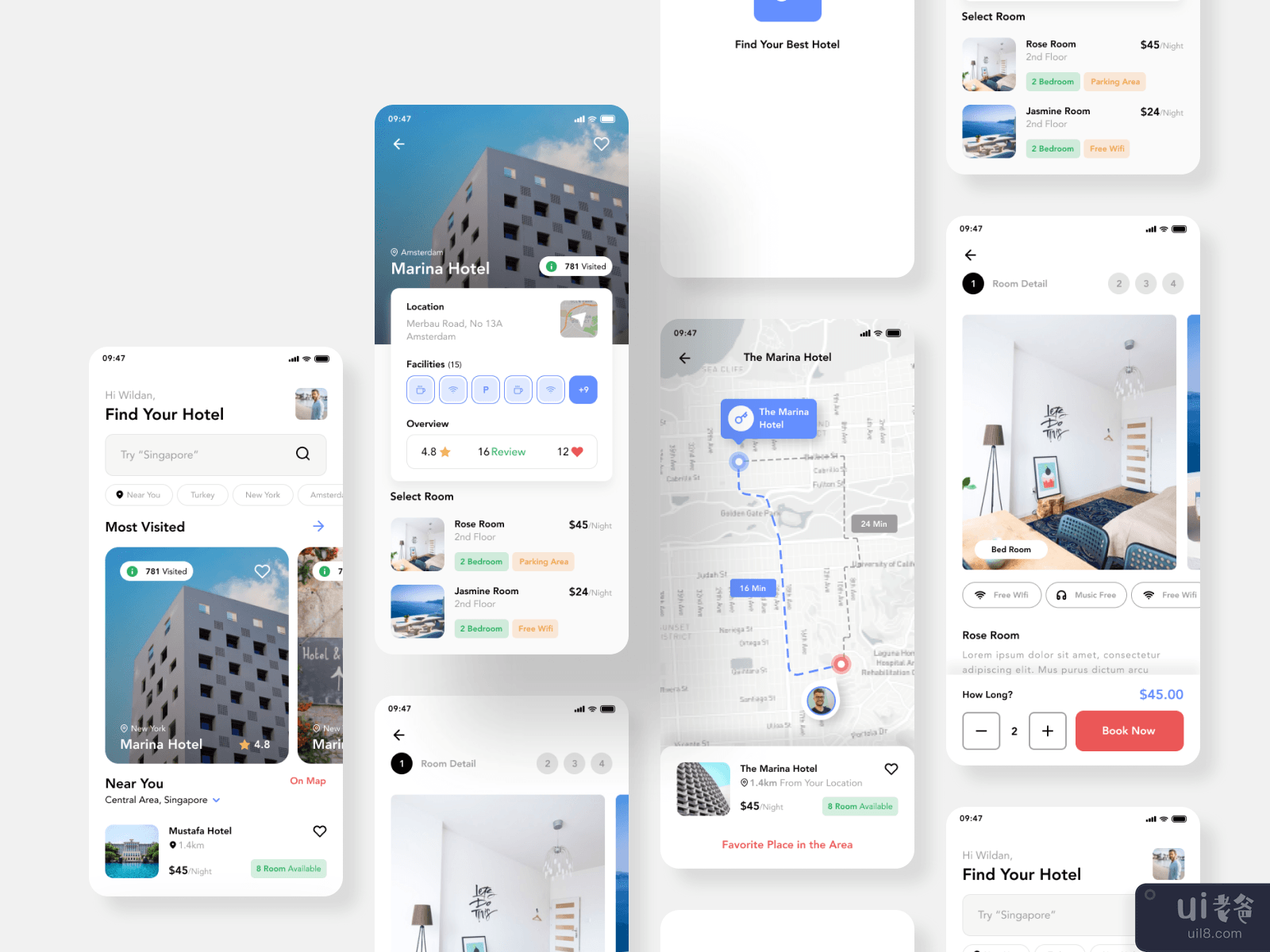 Hotel Booking - Mobile App UI Kit (40 Screens)