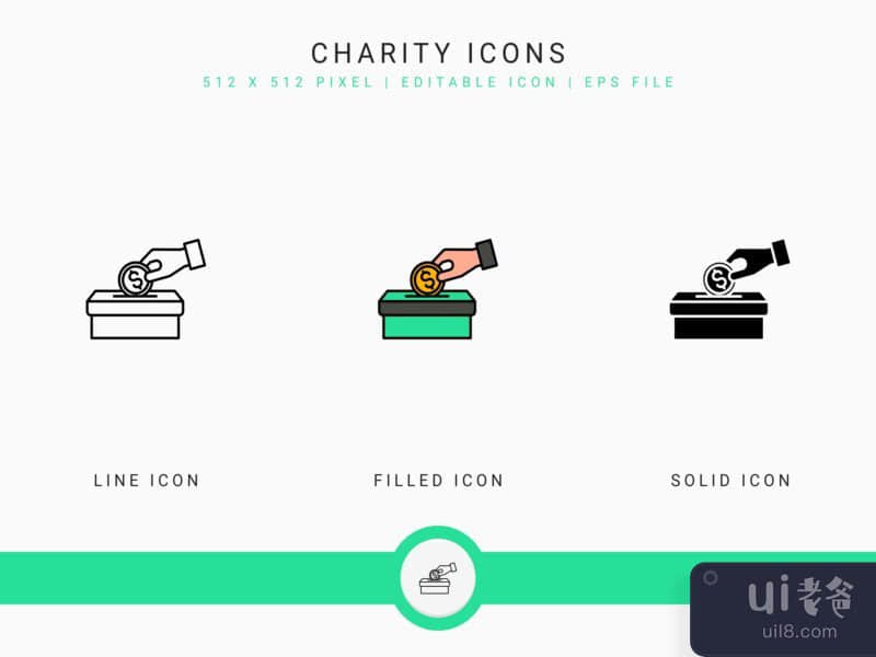 Charity icons set vector illustration with solid icon line style