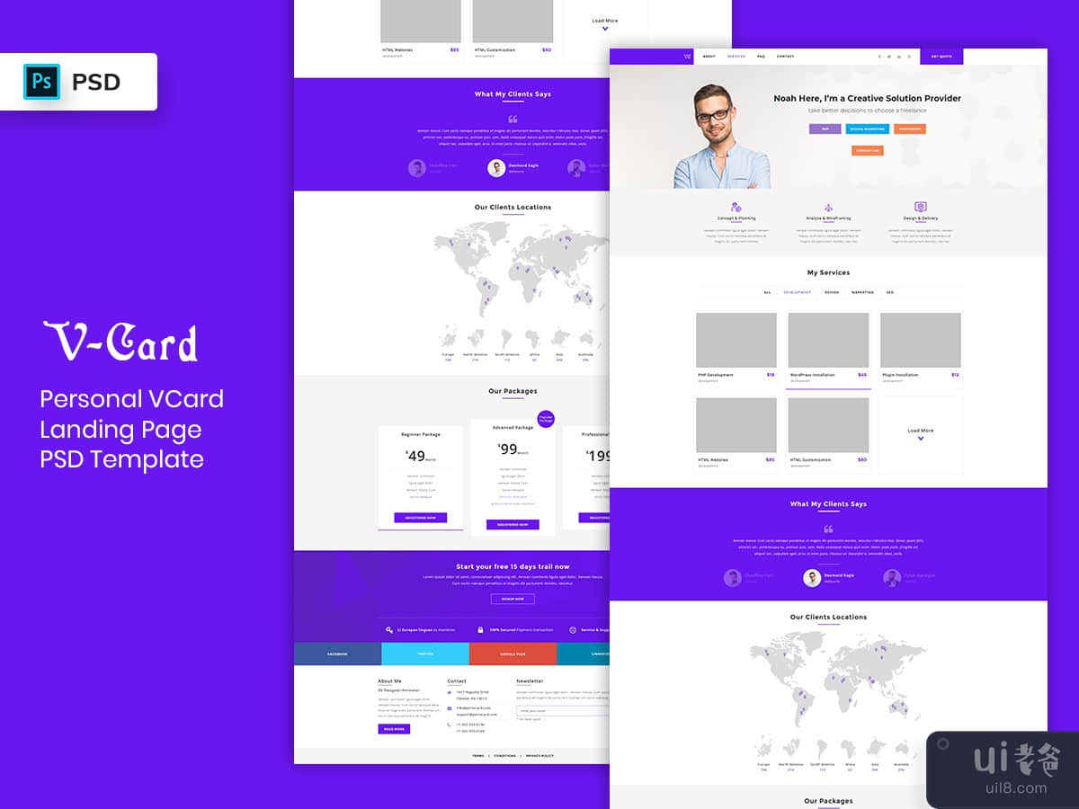 V-Card Landing Page PSD Template