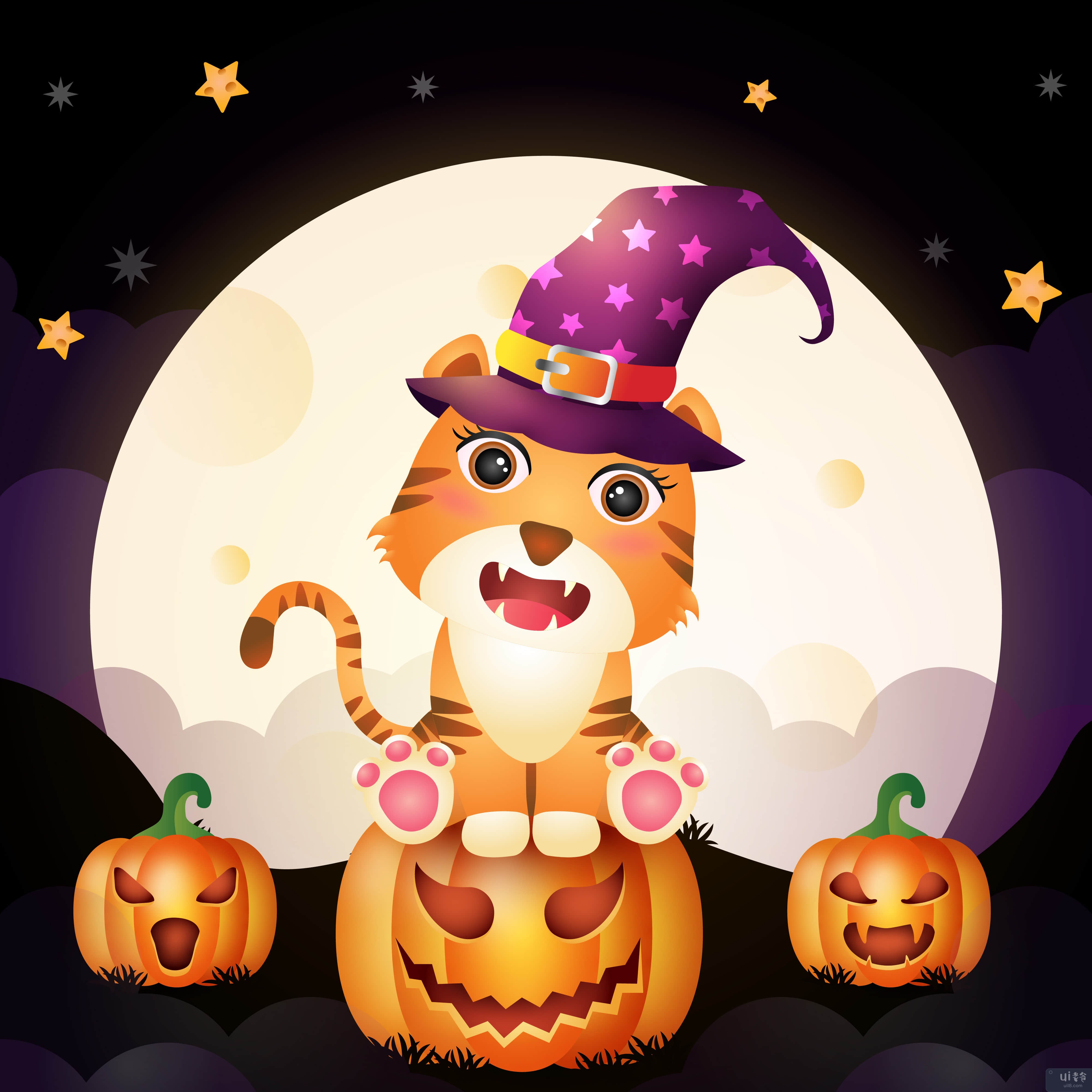 一个可爱的卡通万圣节女巫老虎的插图(Illustration of a cute cartoon halloween witch tiger)插图