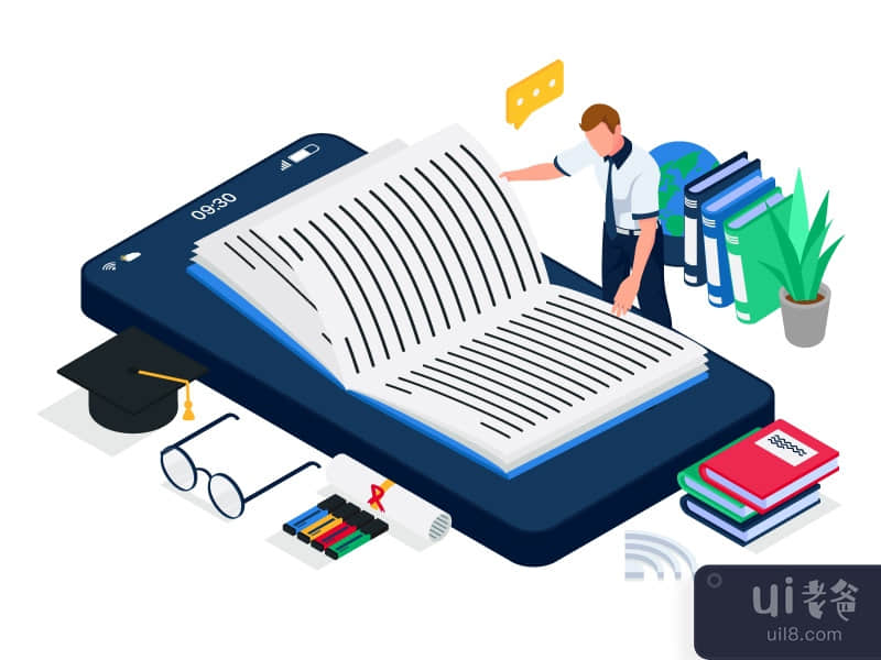 Male with smarthphone and books illustration. Vector