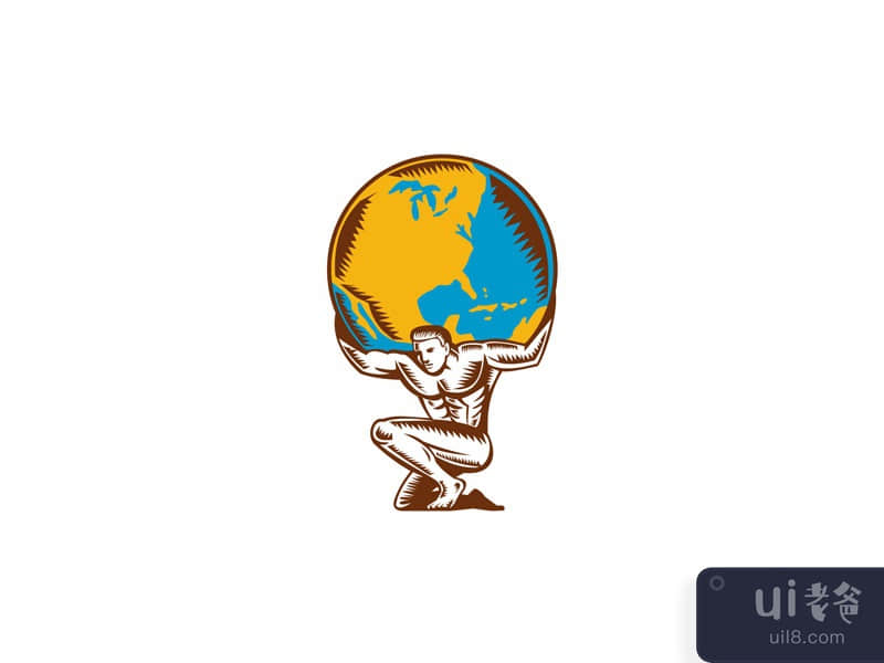 Atlas Lifting Globe Kneeling Woodcut