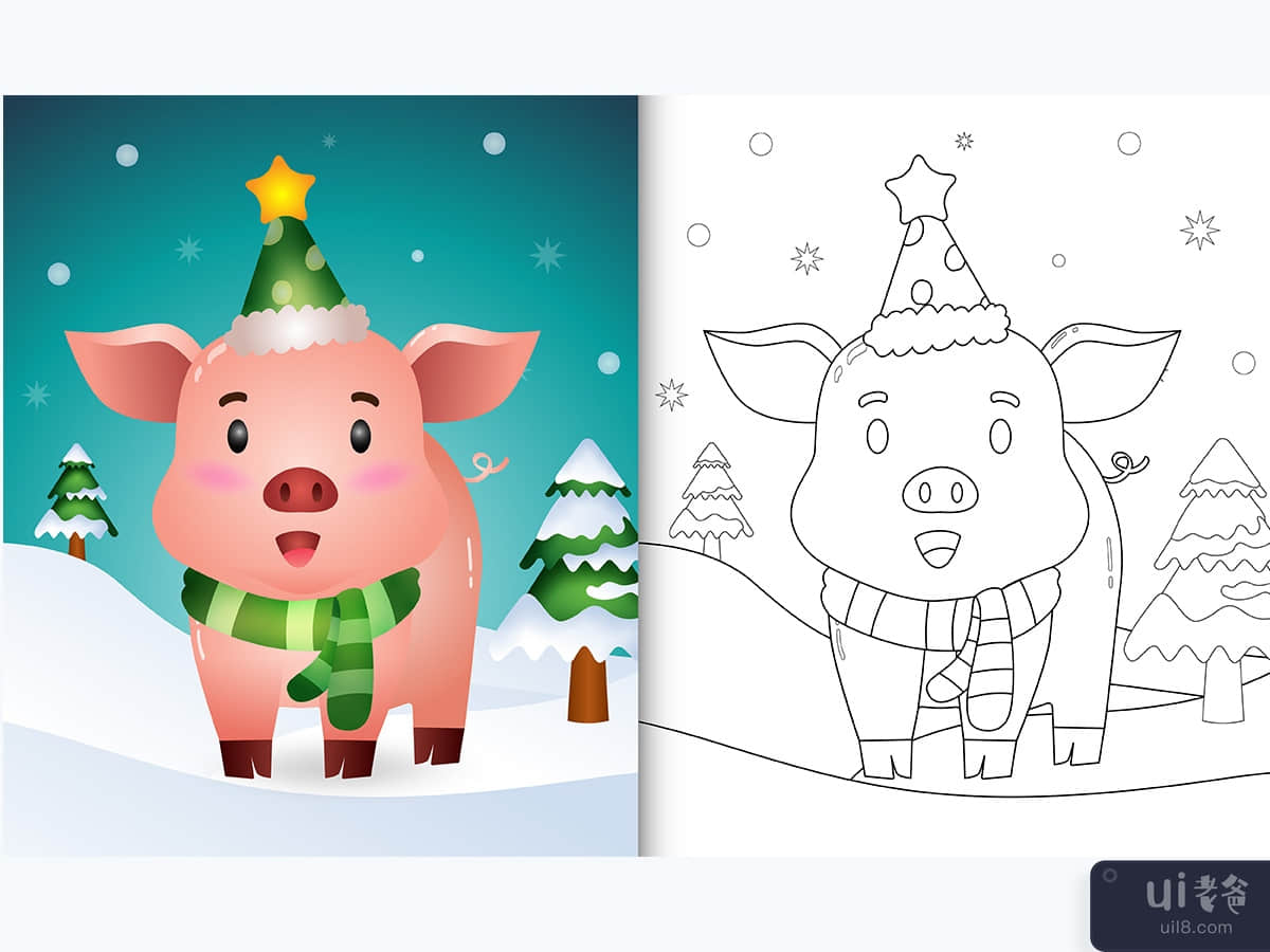 着色书与猪圣诞人物收藏与帽子和围巾(coloring book with a pig christmas characters collection with a hat and scarf)插图
