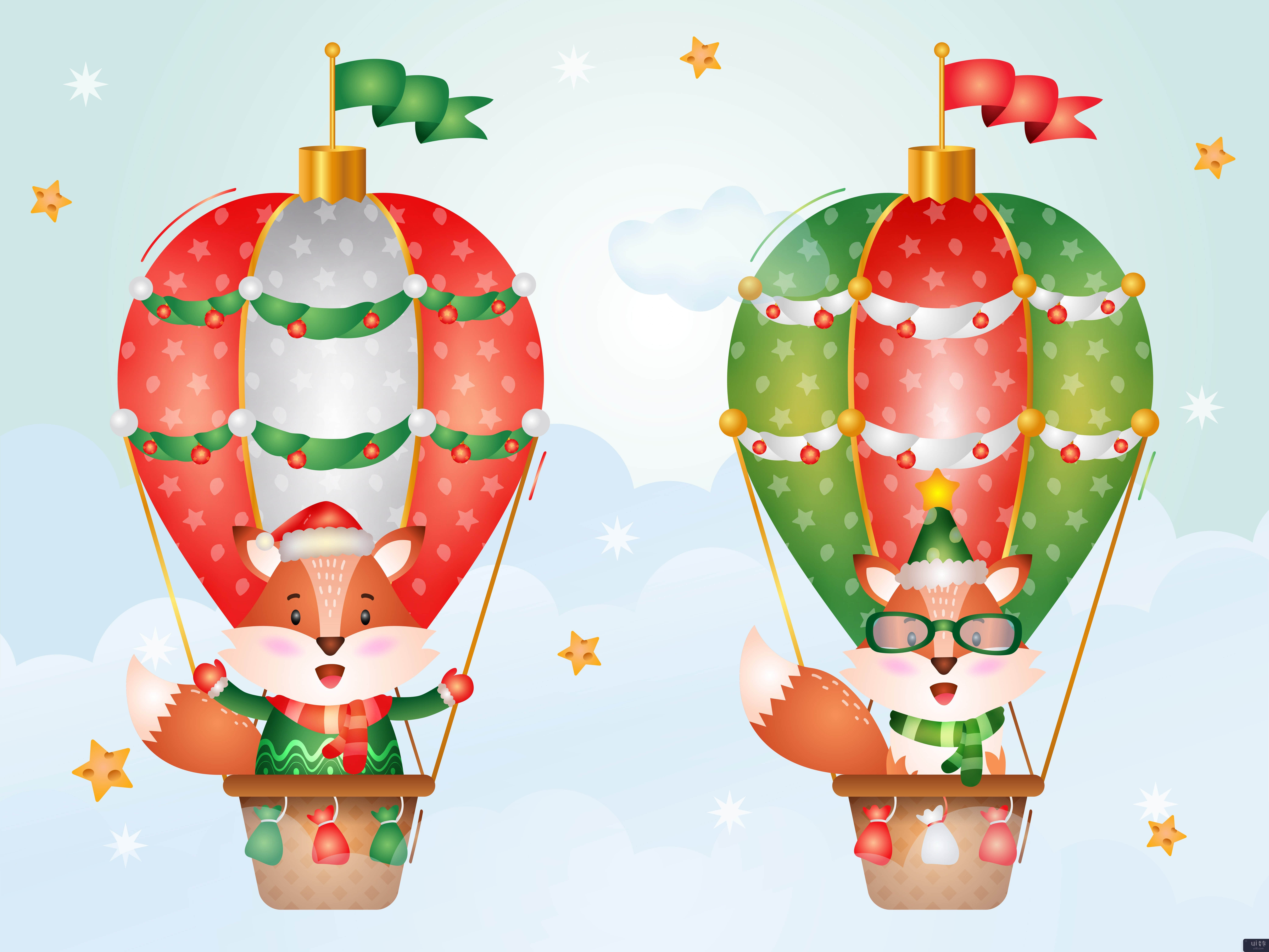 热气球上可爱的狐狸圣诞人物(Cute fox christmas characters on hot air balloon)插图