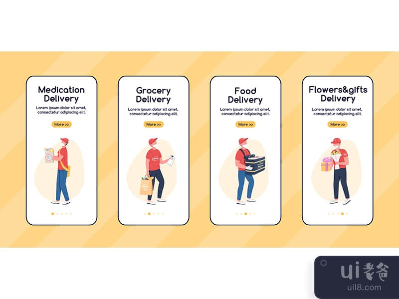 Courier service workers onboarding mobile app screen flat vector template