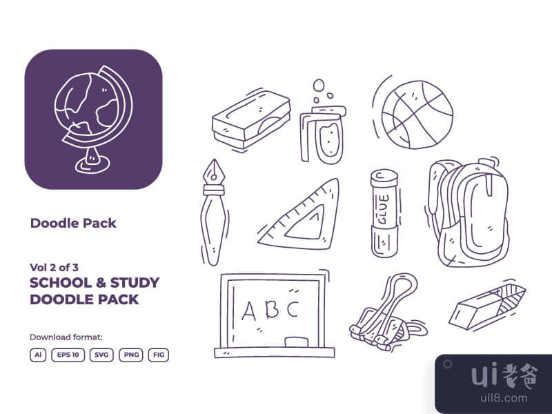 Vol 2 of 3 Set of hand drawn doodle school and study icon illustration