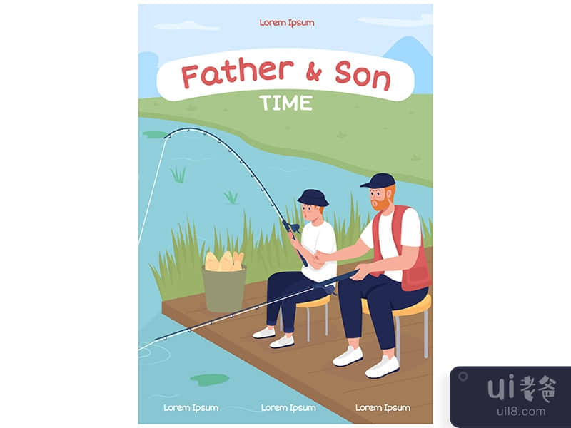 Father and son fishing poster flat vector template