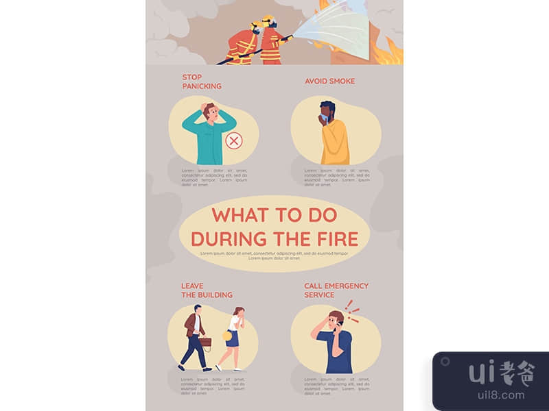 What to do during fire flat vector brochure template