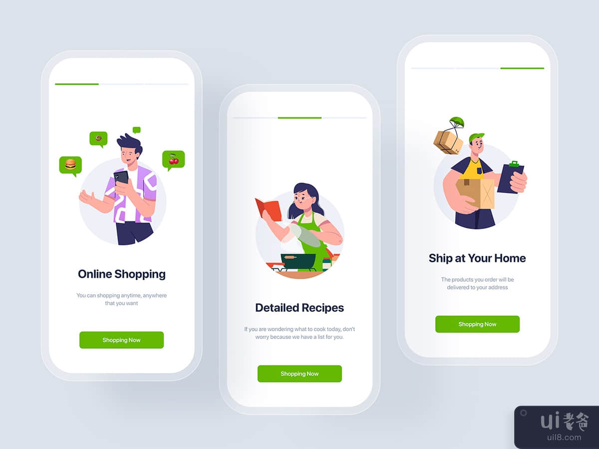 Online Grocery & Recipes mobile UI concept - Onboarding screens
