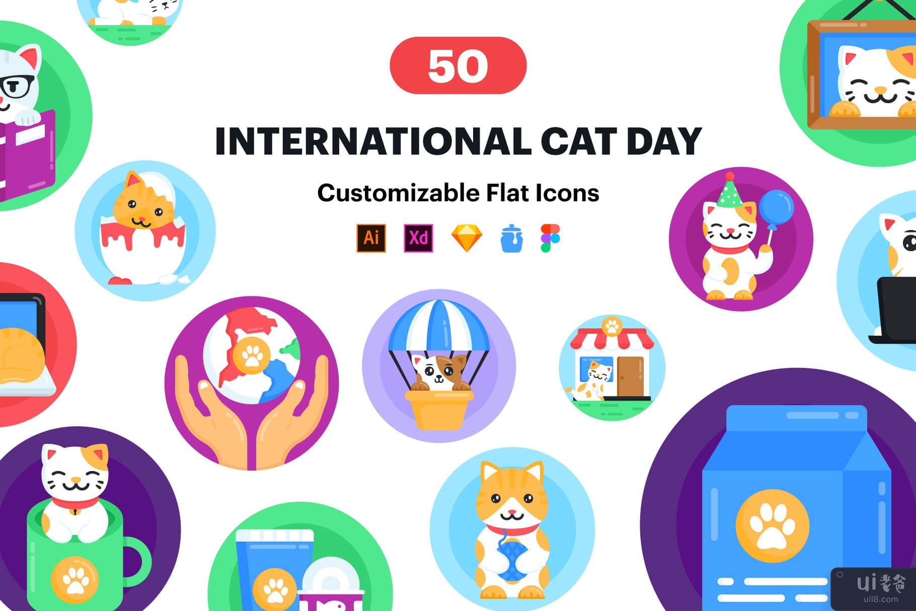 50 个国际猫日图标(50 International Cat Day Icons)插图