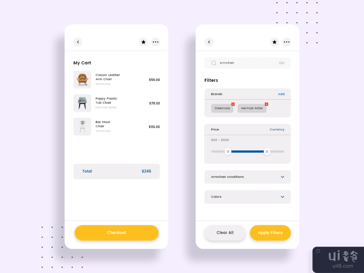 My cart and Filter screens for mobile app
