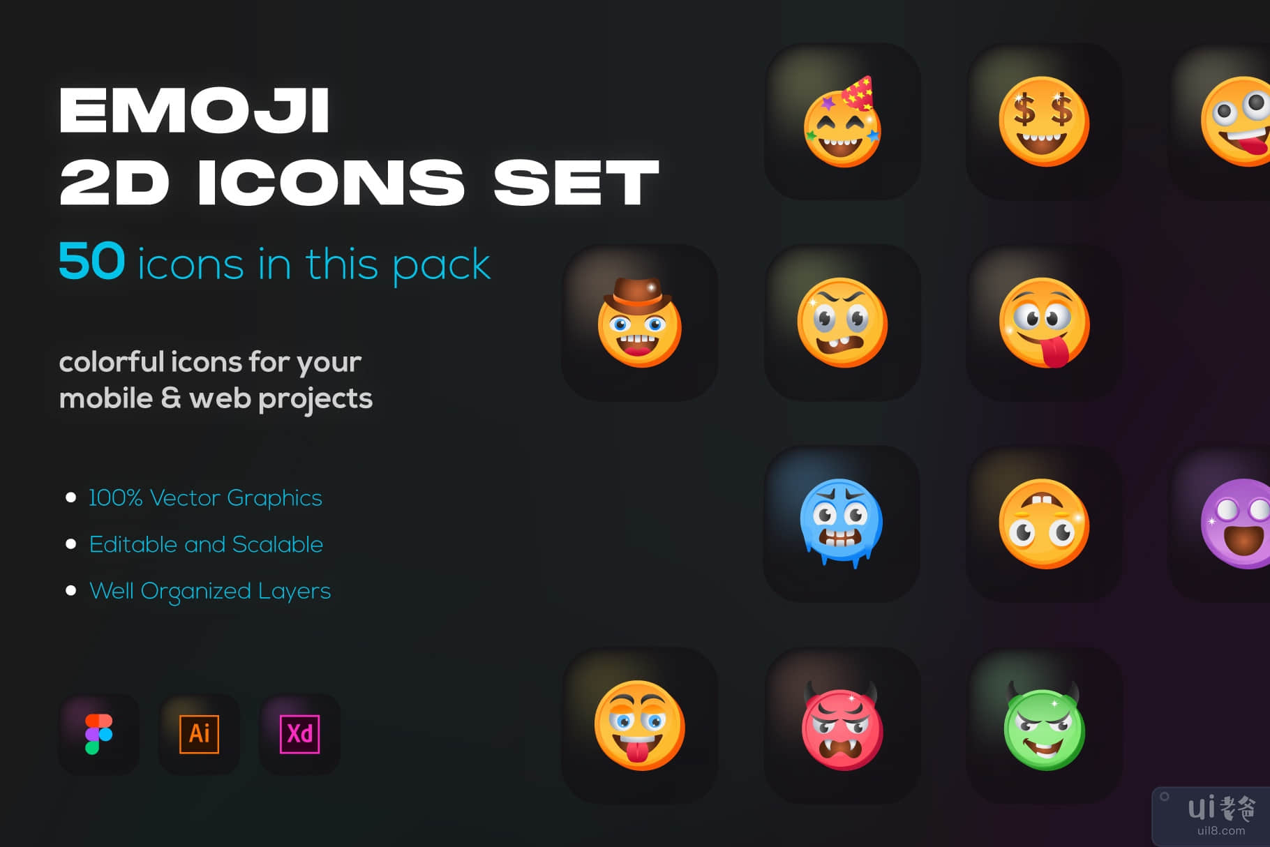 50 个表情符号图标-平面矢量(50 Emojis Icons - Flat Vectors)插图3
