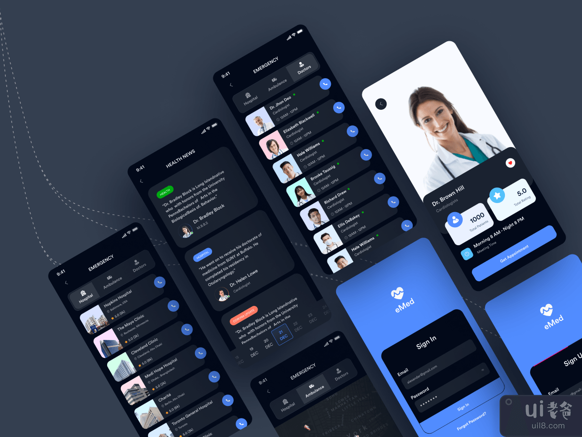 Medical Mobile App Design, Dark mode _ (V-2)