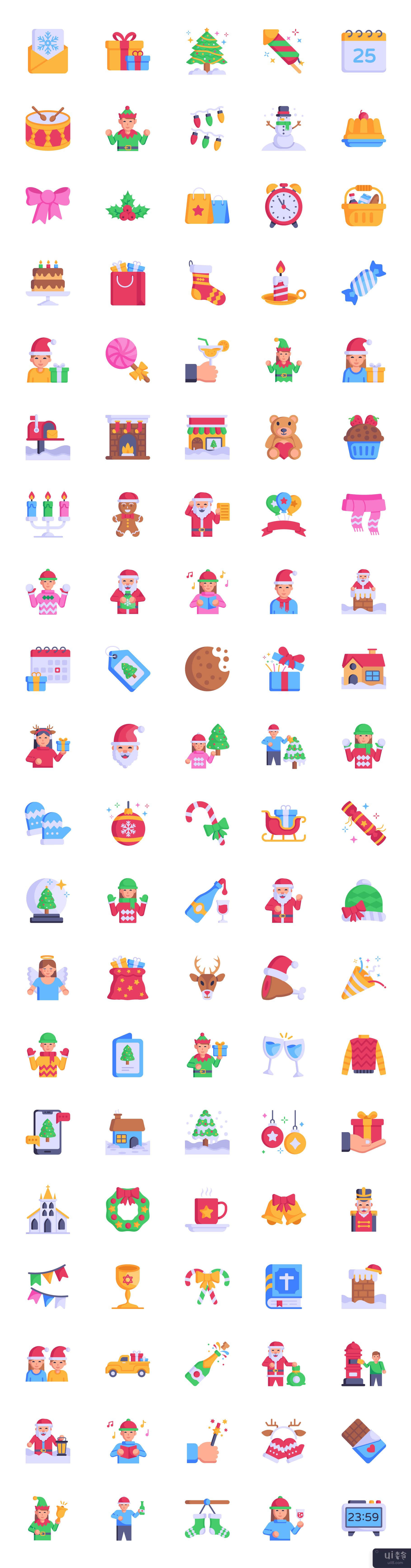 100 平圣诞矢量图标包(100 Flat Christmas Vector Icons Pack)插图