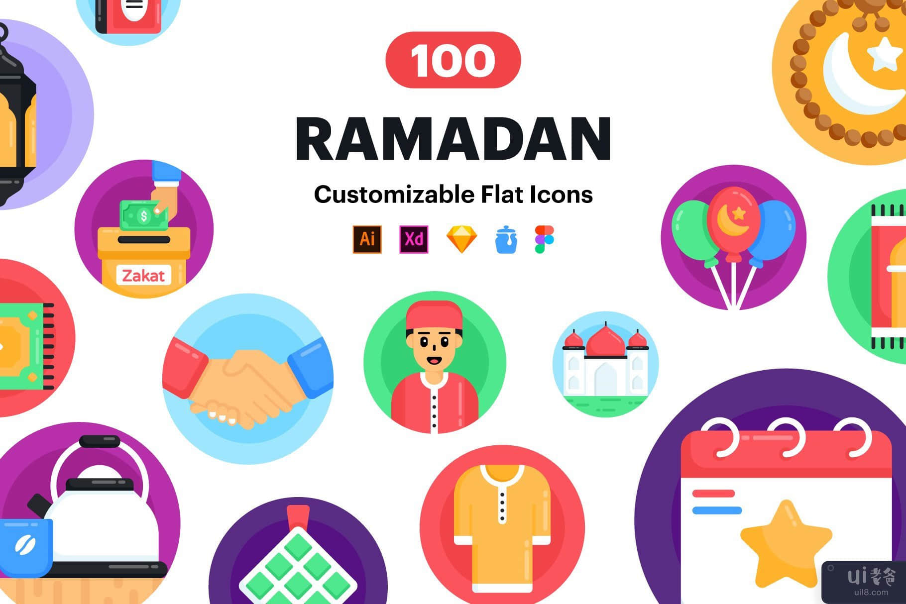 100 平斋月矢量图标(100 Flat Ramadan Vector Icons)插图