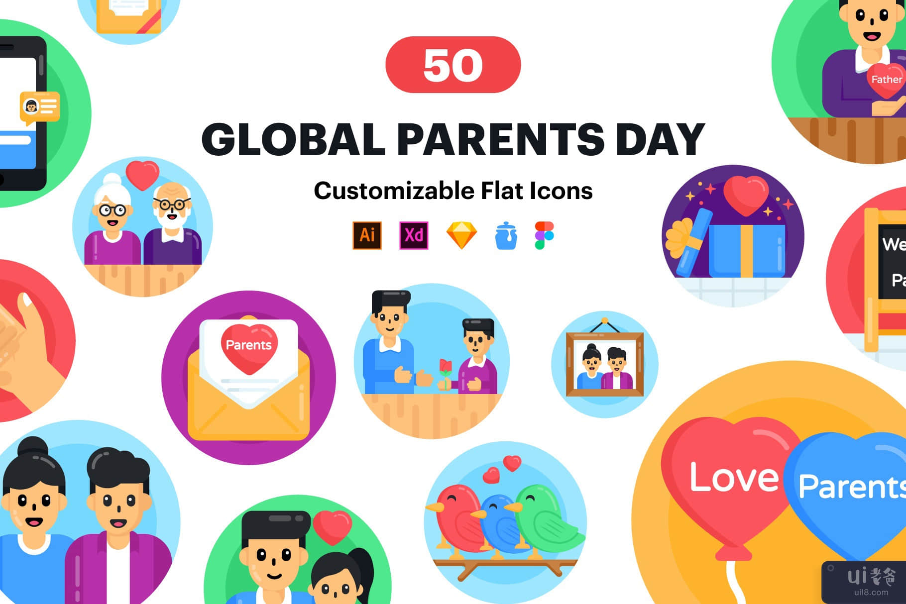 50 全球父母节平面图标(50 Global Parents Day Flat Icon)插图