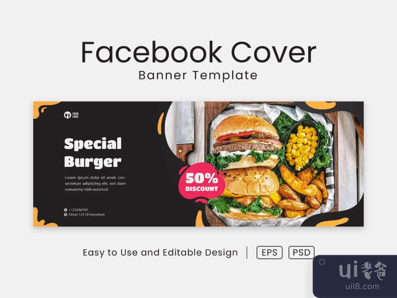 Delicious Burger facebook cover page and web banner design template