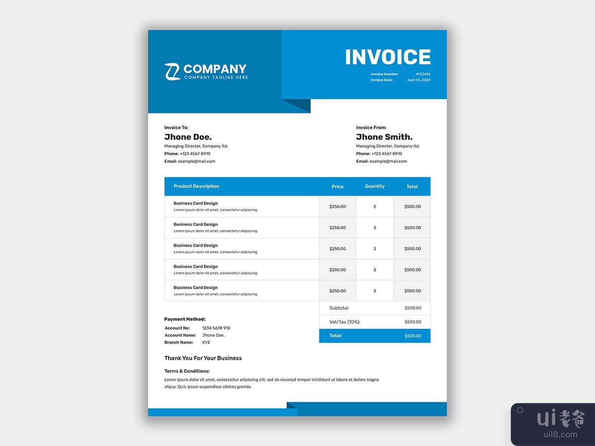 现代企业业务发票模板(Modern corporate business invoice template)插图