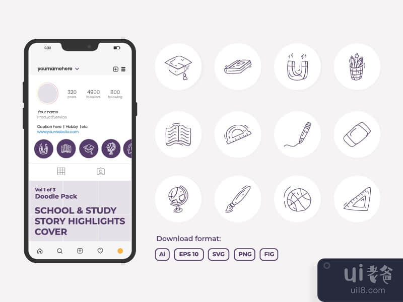 Set of School and study doodle icon for Instagram Highlight Story Cover 1-3
