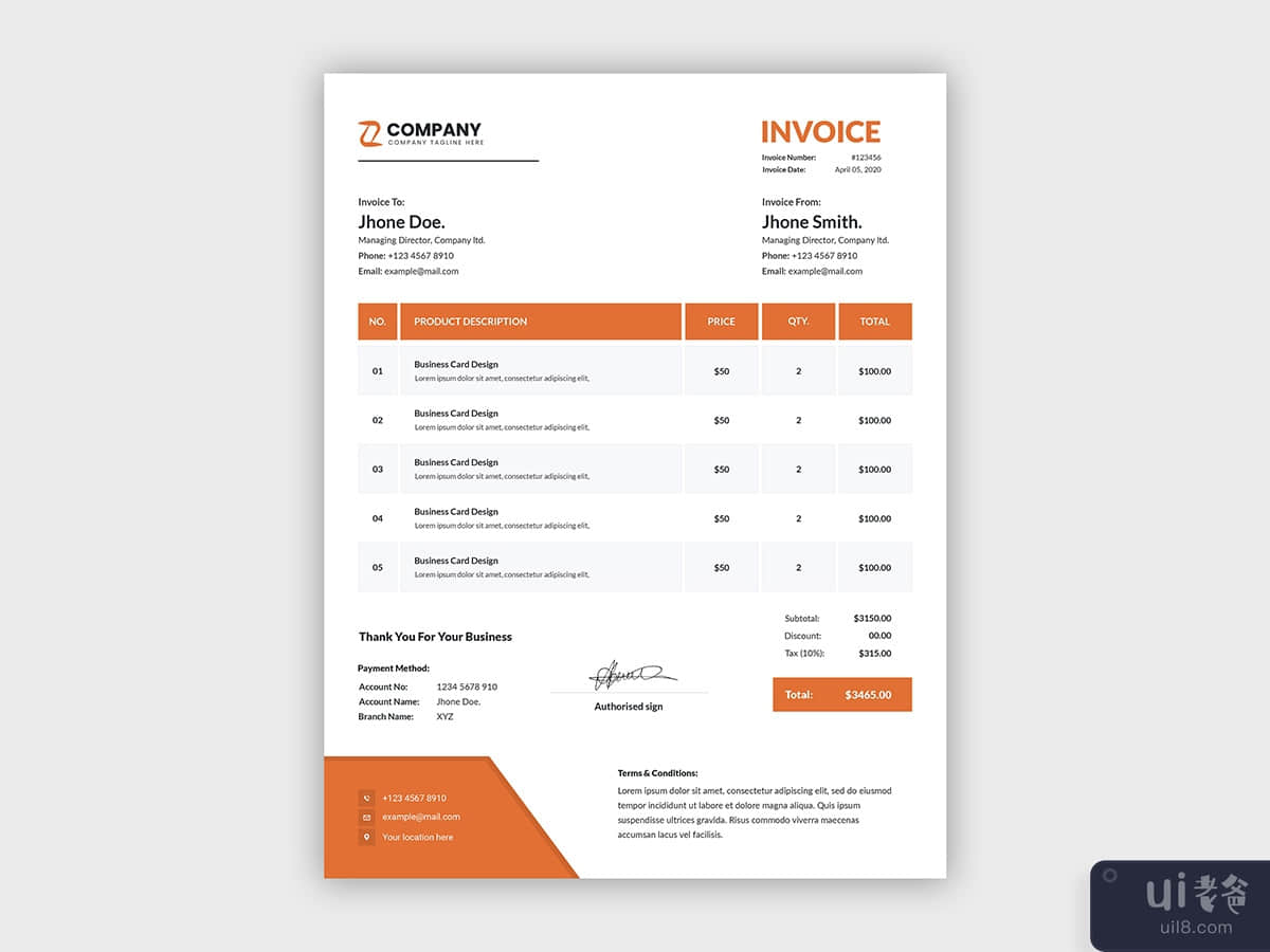 最小抽象橙色业务发票模板(Minimal abstract orange business invoice template)插图