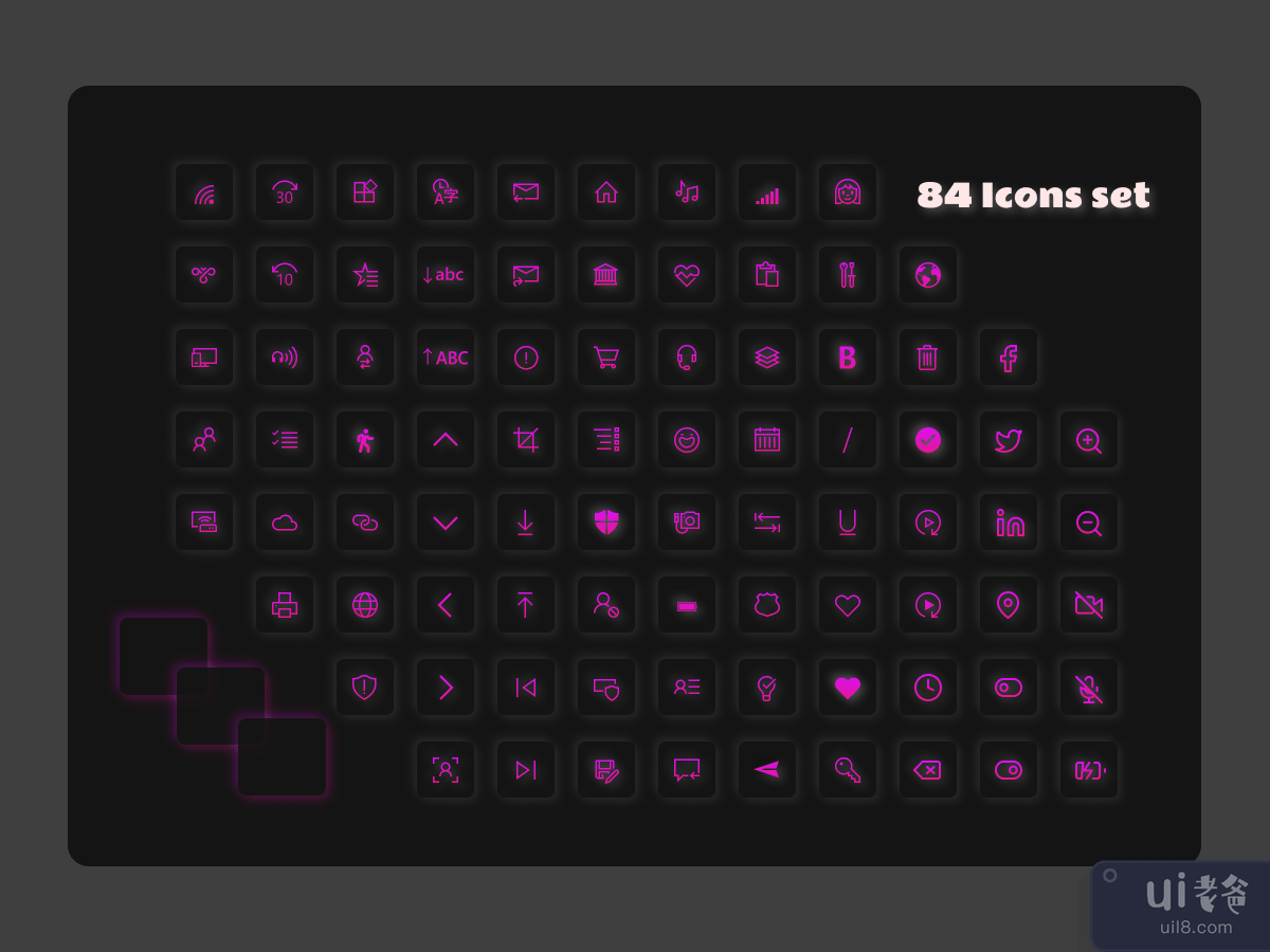 84 个图标设置在 neumorphism 也带有霓虹色(84 Icons set in neumorphism also with neon colour)插图