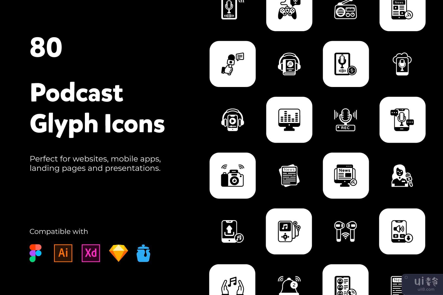 80 个播客和多媒体图标(80 podcast and multimedia Icons)插图6
