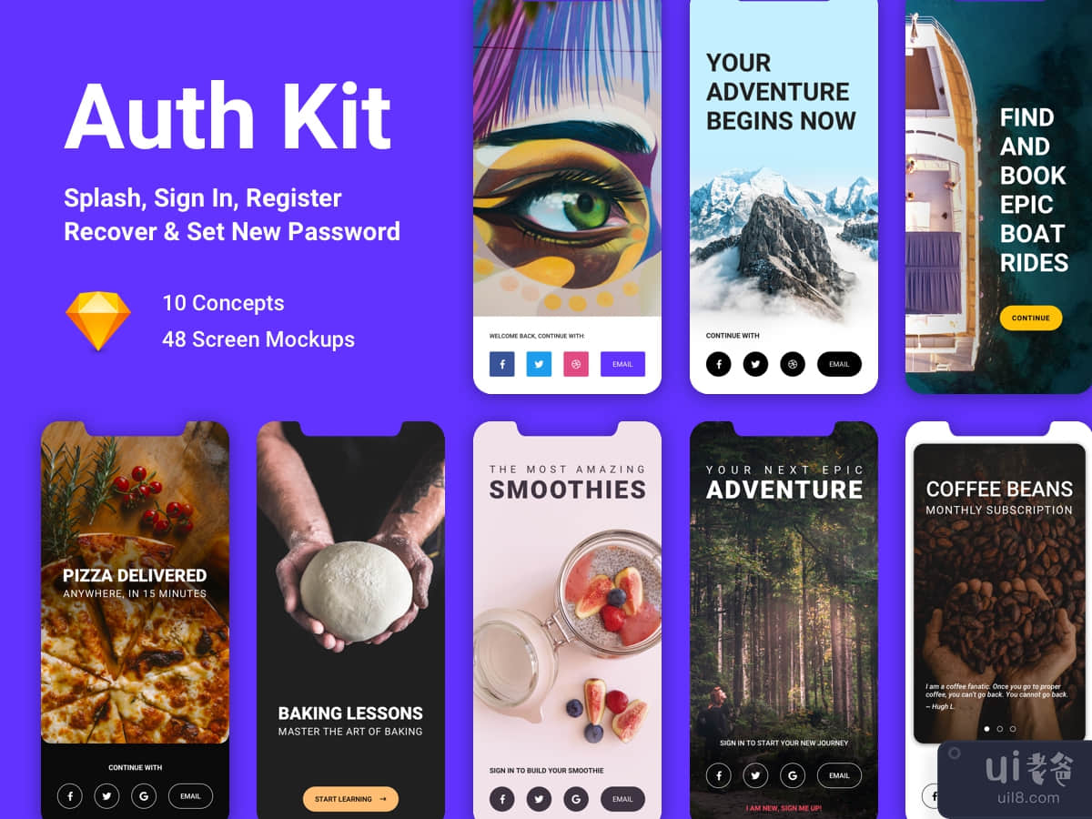 Auth Kit - 10 Mobile Concepts & 48 Screen Mockups