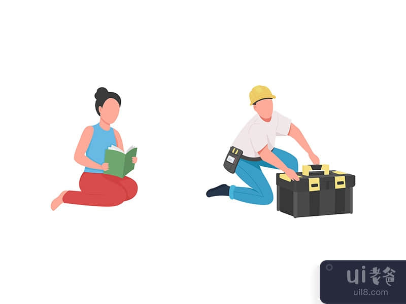Professional babysitter and handyman flat color vector faceless character set