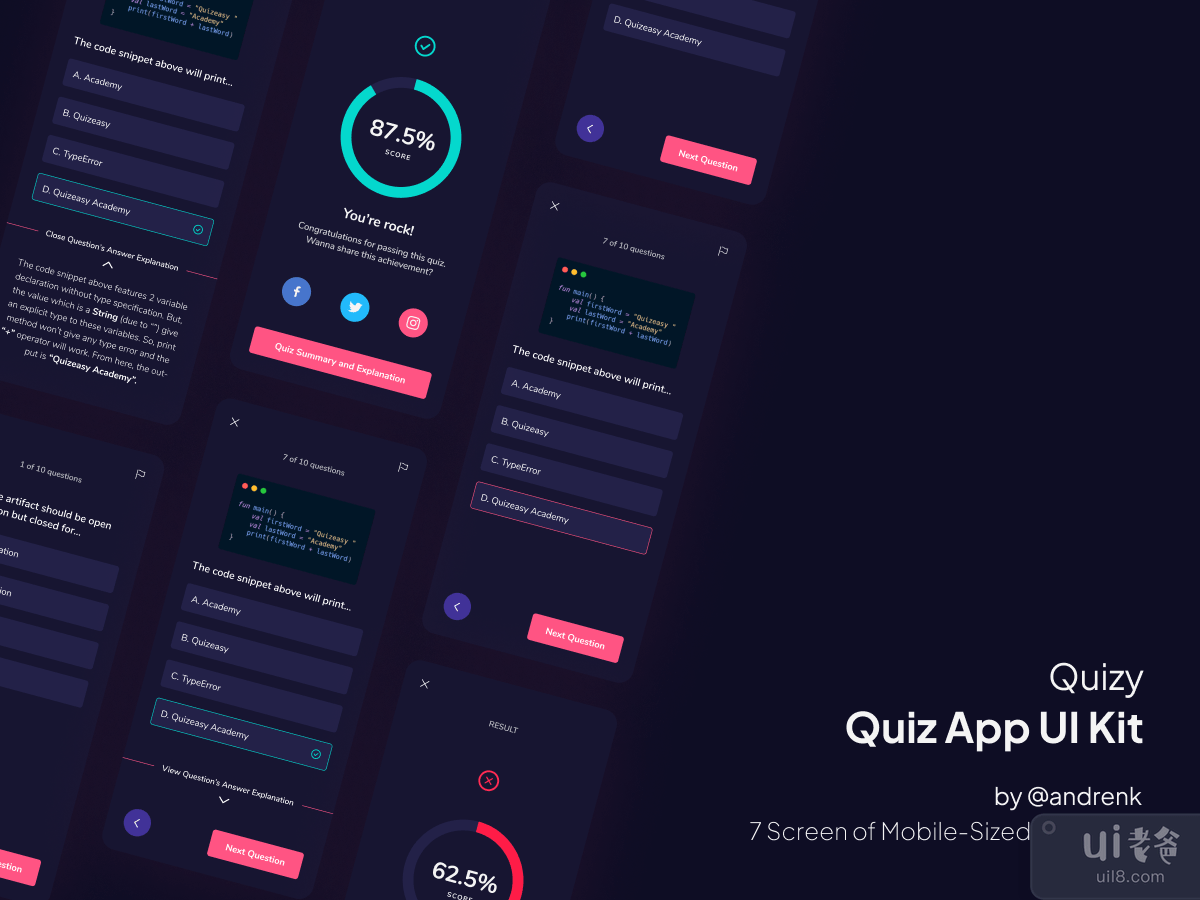 Quizy: Quiz App Dark Mode UI Kit