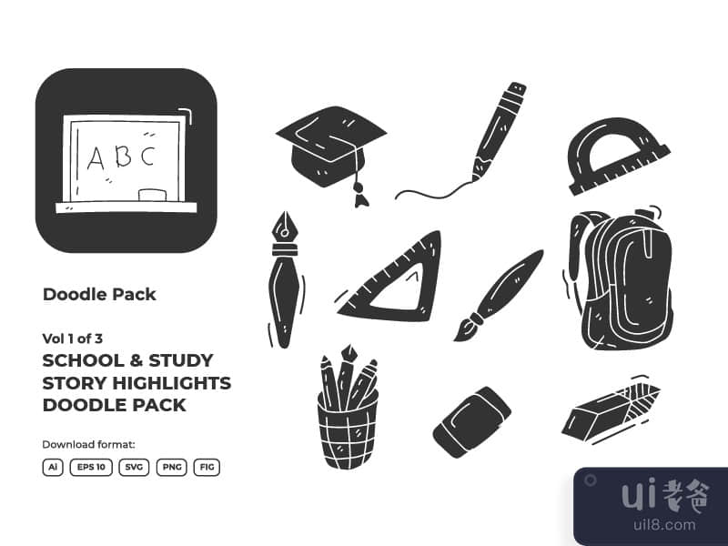 Vol 1 of 3 Set of hand drawn doodle school and study icon illustration