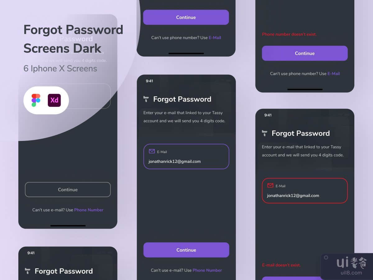 Forgot Password Screens Dark Mode UI