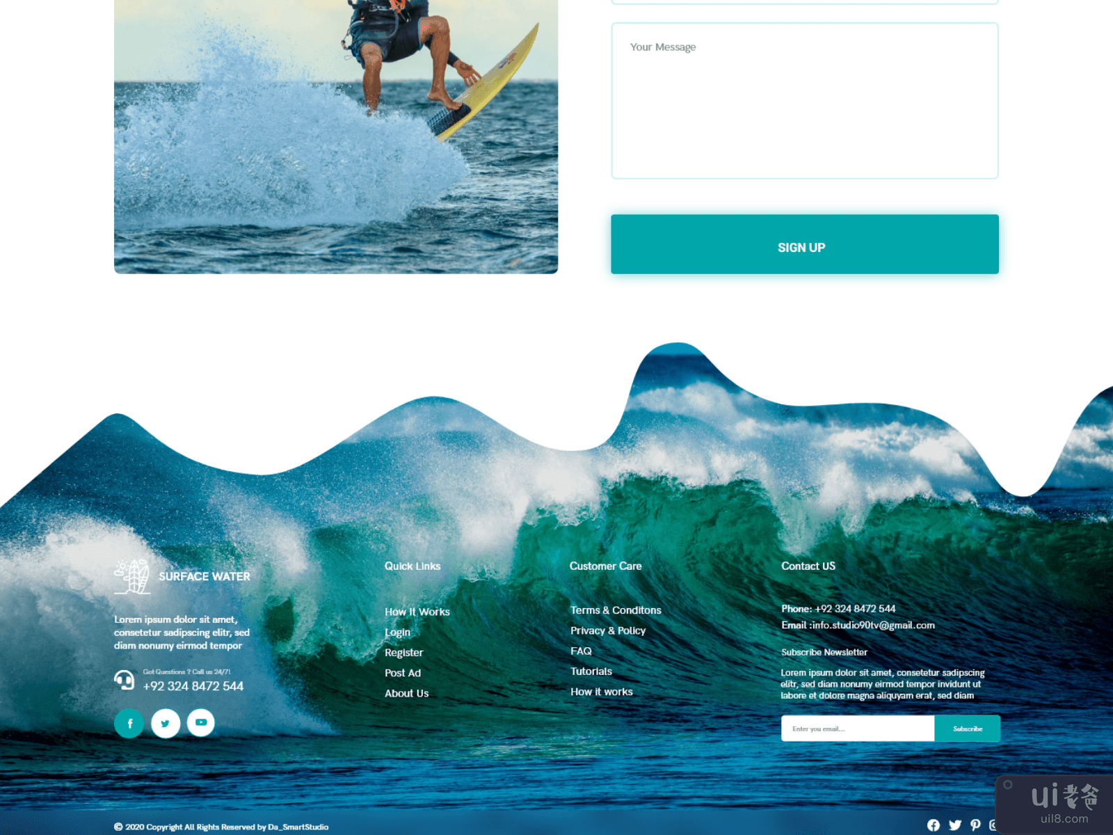水上冲浪 - 冲浪和水上运动网页模板(Water Surfing - Surfing and Water Sports Web Template)插图