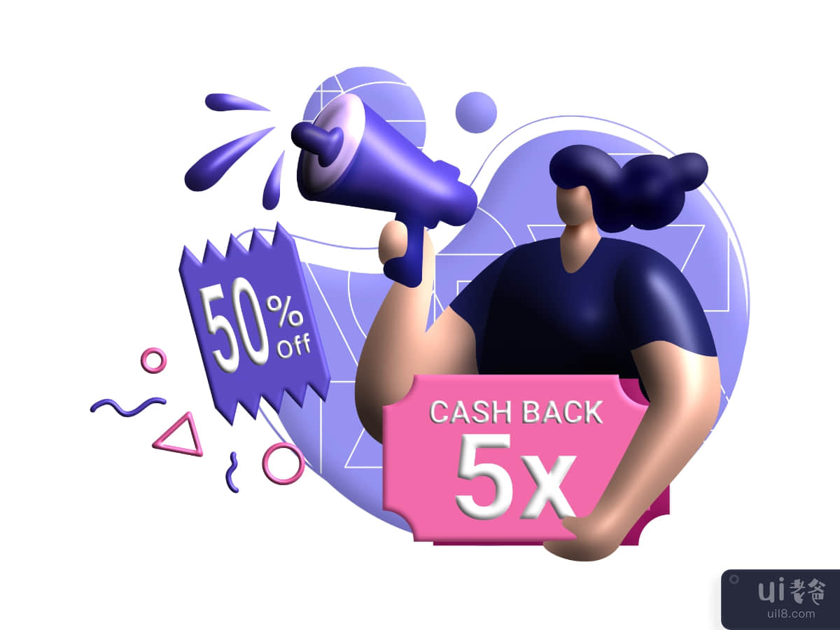 cashback campaign 3d rendering Illustration for 50% off get vouchers discounts